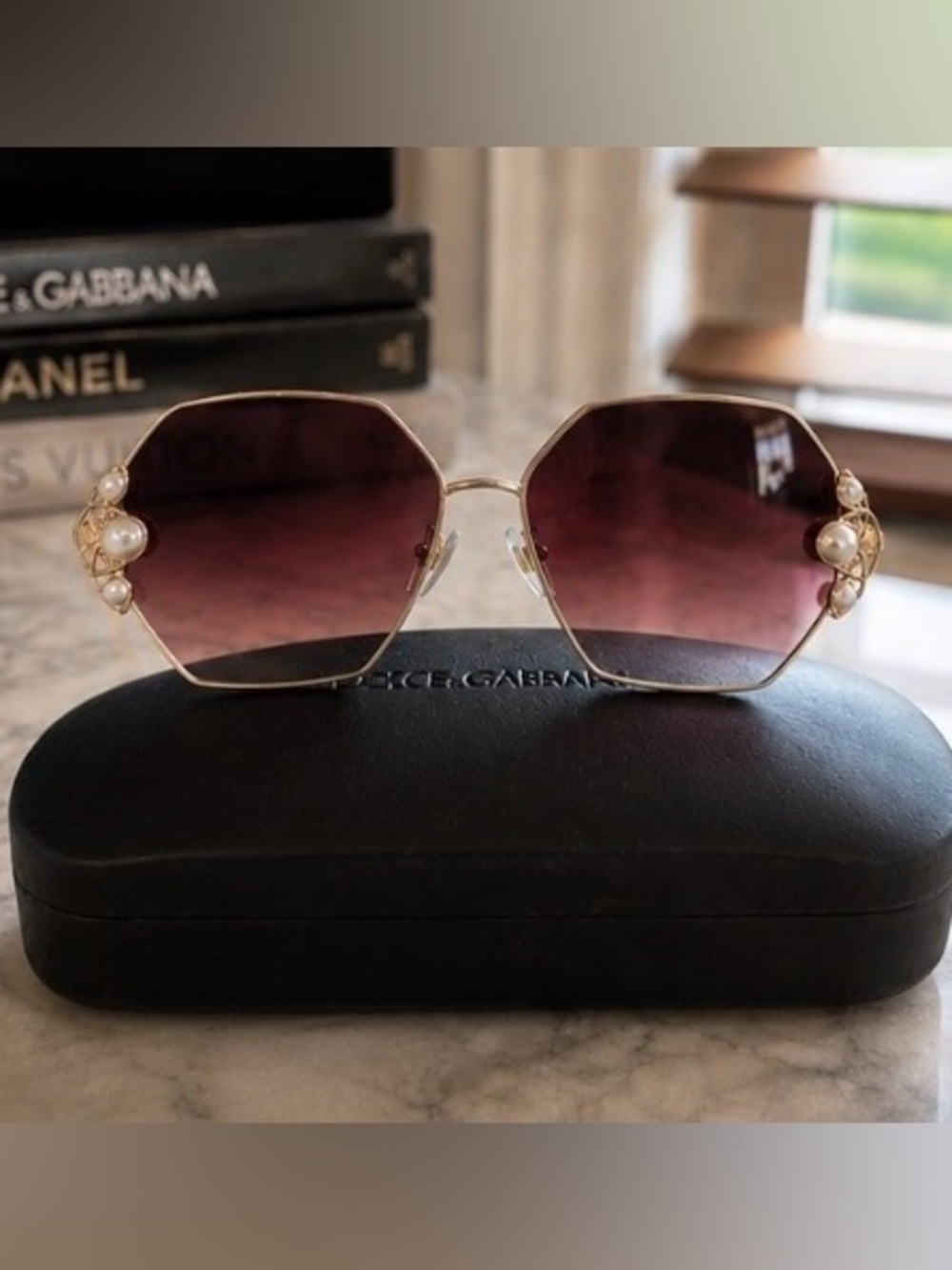 Dolce & Gabbana Pearl Embellished Octagon Gold Sunglasses w/ Case Italy